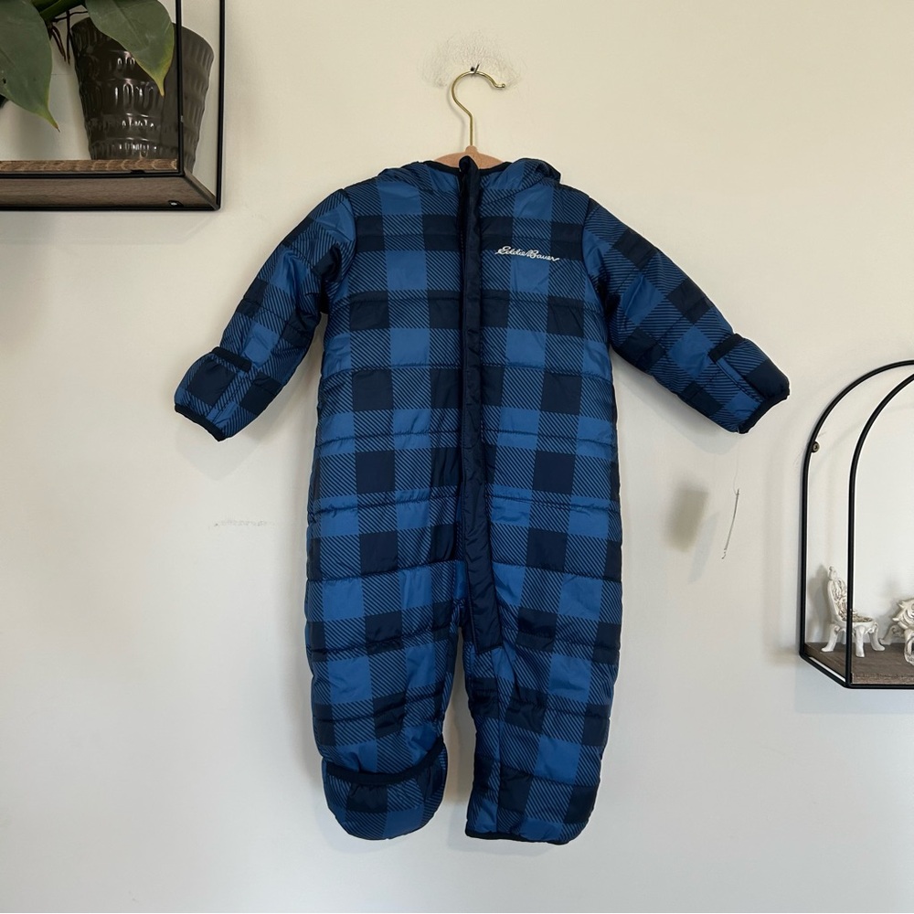 NEW Eddie Bauer Black & Black Buffalo Plaid Faux Fur Lined Baby Bunting Snowsuit